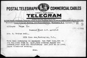 1908 telegraph from Alexander Graham Bell to his wife April 16
